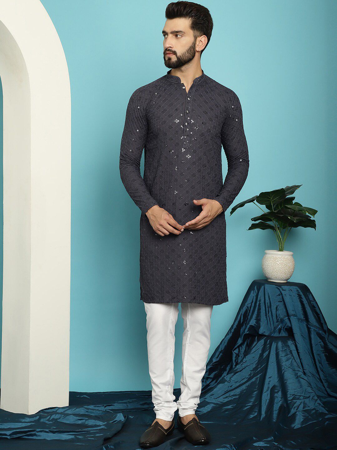 SOJANYA Ethnic Motifs Embroidered Sequinned Pure Cotton Kurta with Churidar