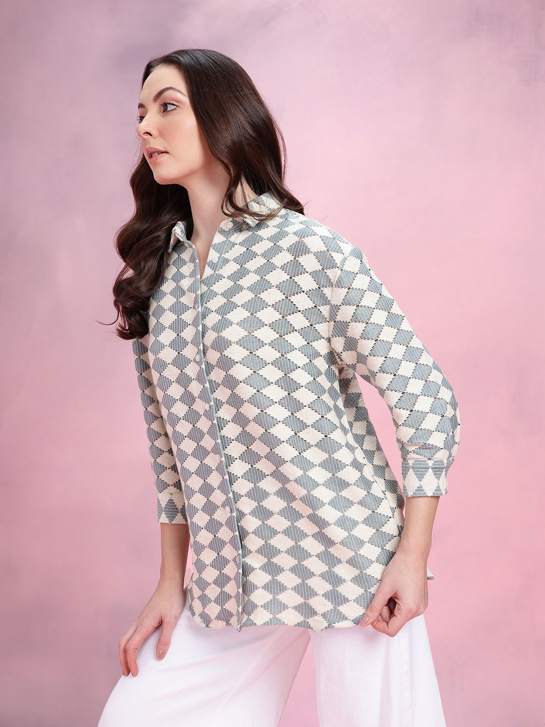 DressBerry Geometric Self-Design Drop-Sleeves Crochet Semi-Sheer Casual Shirt