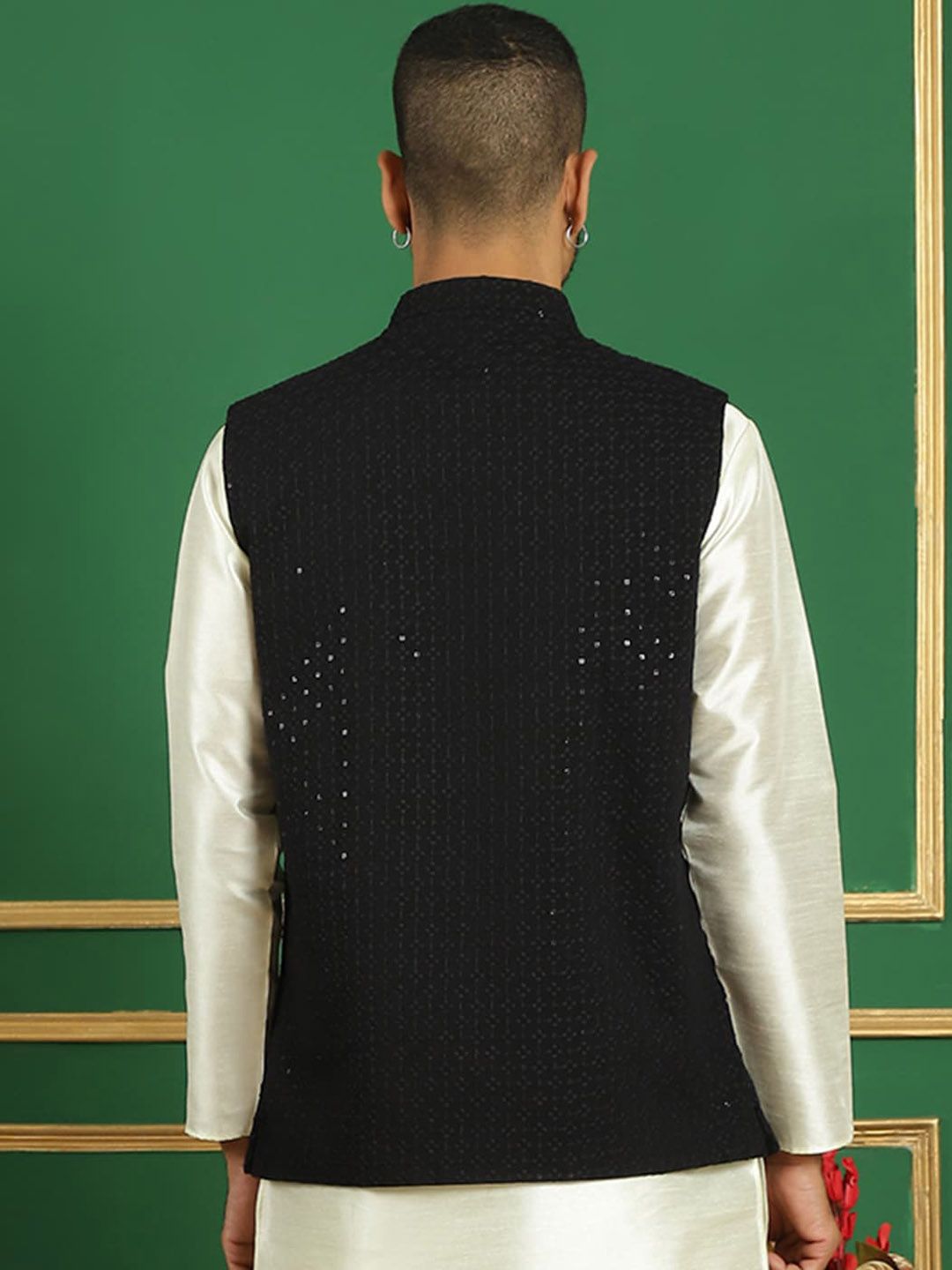 Anouk Black Embroidered Mandarin Collar Sequinned Detailed Nehru Jacket