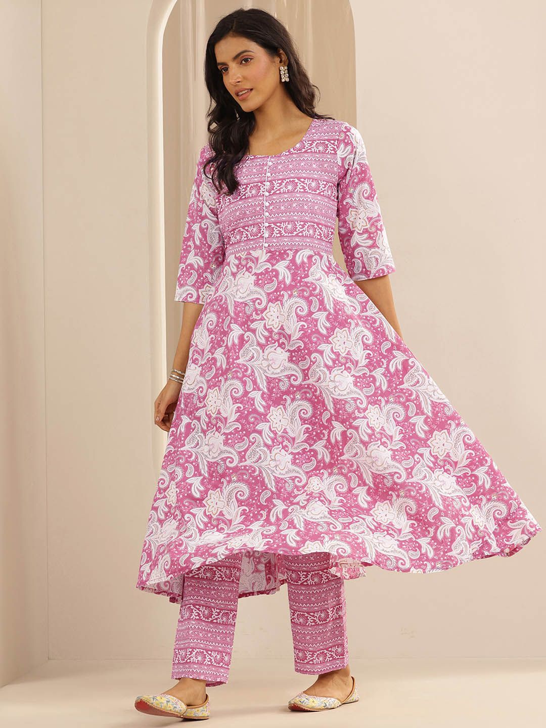 Libas Floral Printed Pure Cotton Anarkali Kurta With Trousers & Dupatta