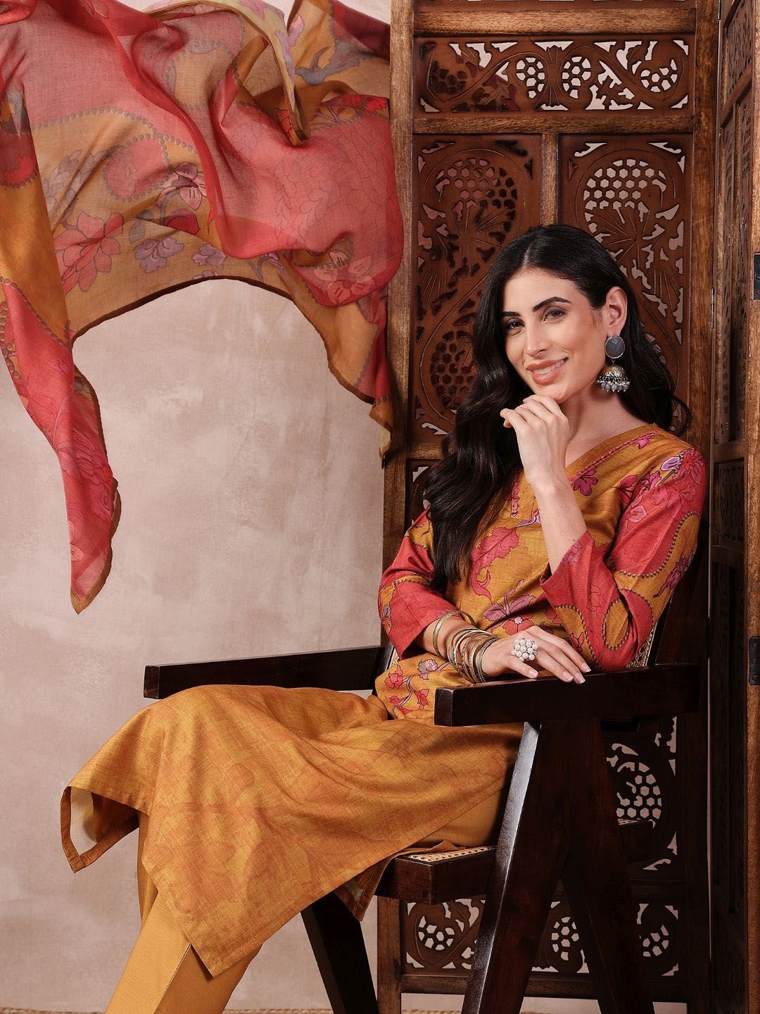 KALINI Floral Printed Mirror Work Straight Kurta with Trouser And Dupatta