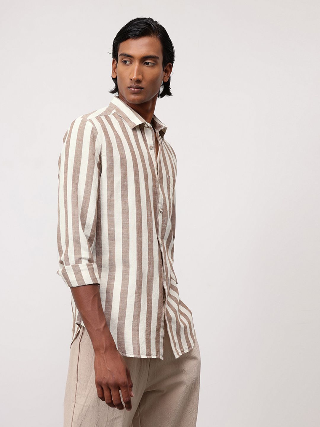ether Men Classic Cotton Linen Striped Shirt