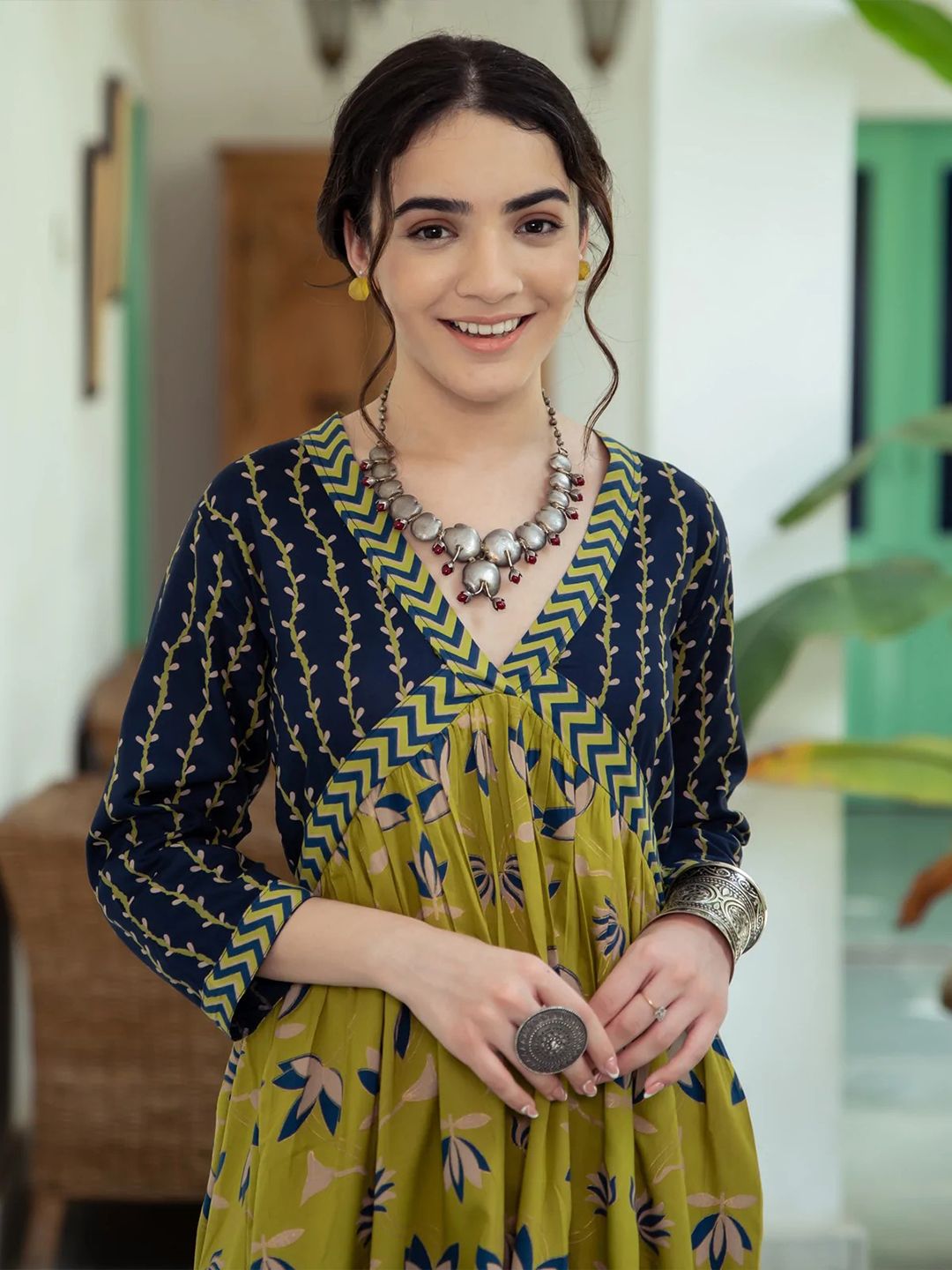 Rustorange Olive Green Floral Maxi Dress