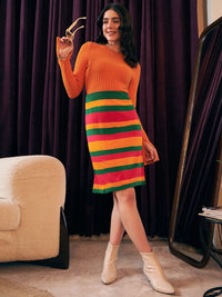 Berrylush Brown, Green & Yellow Colourblocked Acrylic Pencil Skirt