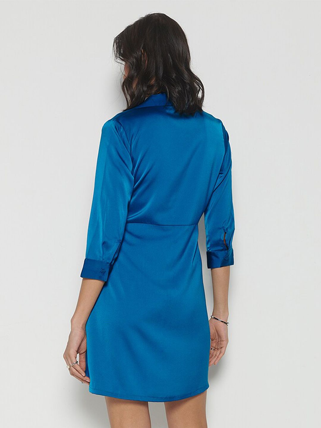 AND Lapel Collar Cuffed Sleeves Tie-Up Detailed A-Line Dress