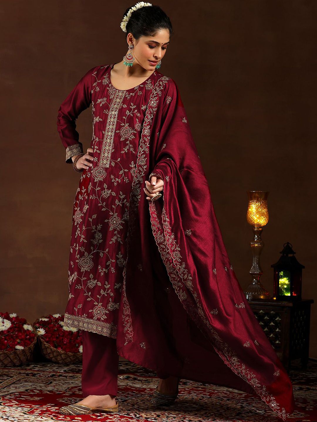 Libas Women Embroidered Regular Sequinned Kurta with Trousers & With Dupatta