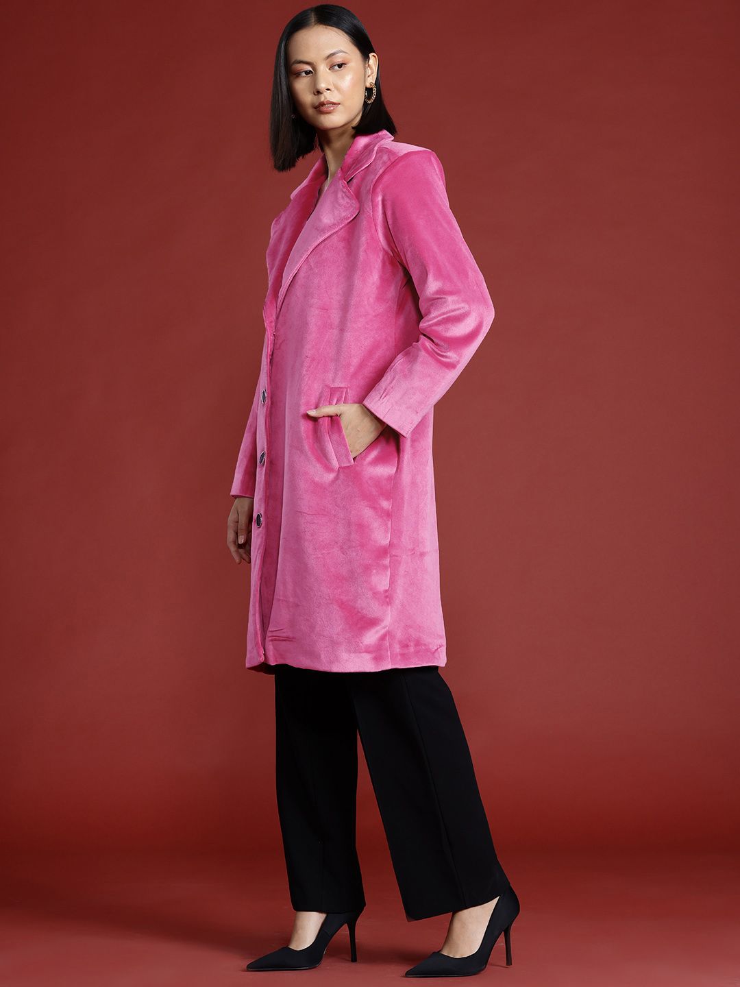 all about you Notched Lapel Collar Velvet Finish Overcoat