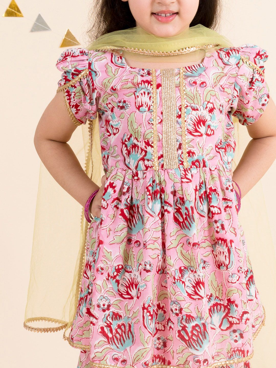 pspeaches Girls Pink Floral Printed Gotta Patti Pure Cotton Kurti with Palazzos With Dupatta