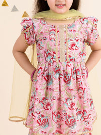 pspeaches Girls Pink Floral Printed Gotta Patti Pure Cotton Kurti with Palazzos With Dupatta
