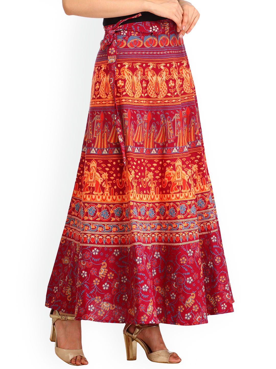 Exotic India Wrap-Around Mauve Wine Long Skirt with Printed Wedding Scenes
