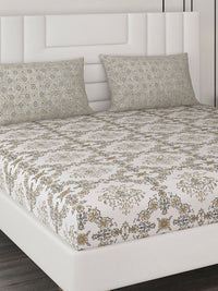 Monte Carlo Off White & Green Floral 144 TC Queen Bedsheet with 2 Pillow Covers