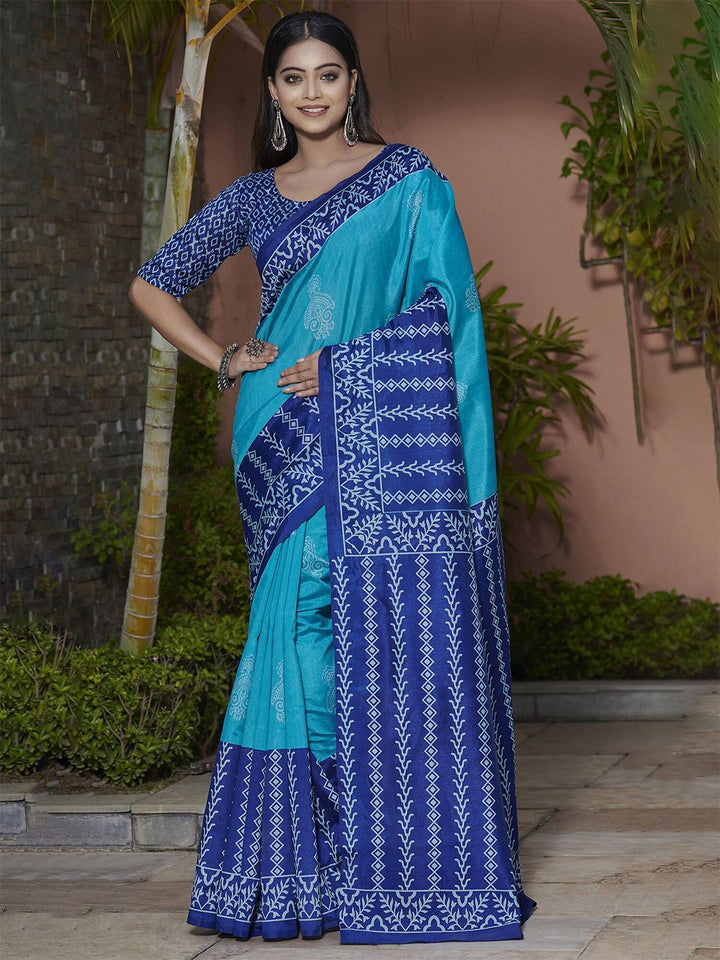 Saree mall Blue & White Ethnic Motifs Printed Art Silk Bagh Sarees