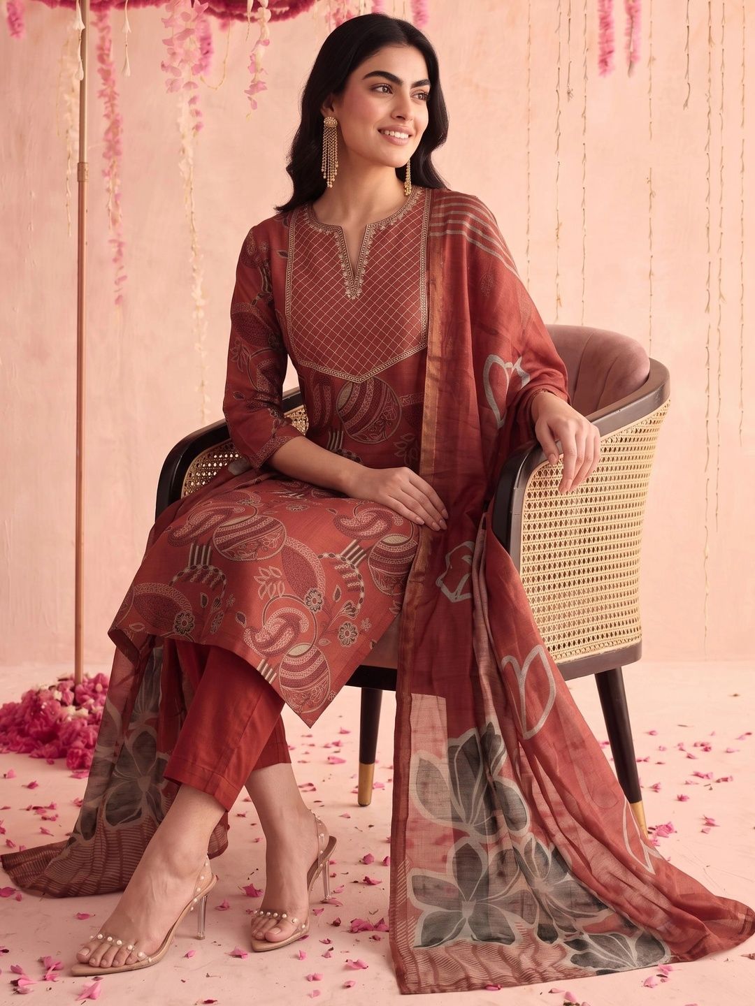 Motif Etnik Wanita Mamicha Bercetak Benang Biasa Kurta Kerja dengan Seluar & Dengan Dupatta