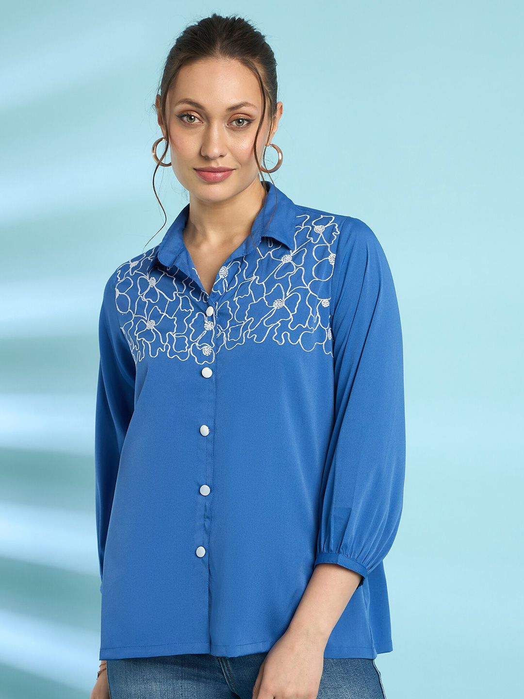 Antheaa Blue Floral Embroidered Shirt Collar Puff Sleeves Shirt Style Top