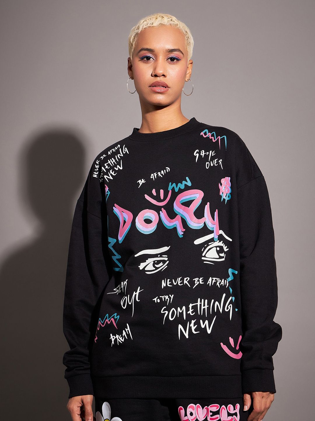 SASSAFRAS Typography Printed Long Sleeves Oversized Fleece Sweatshirt