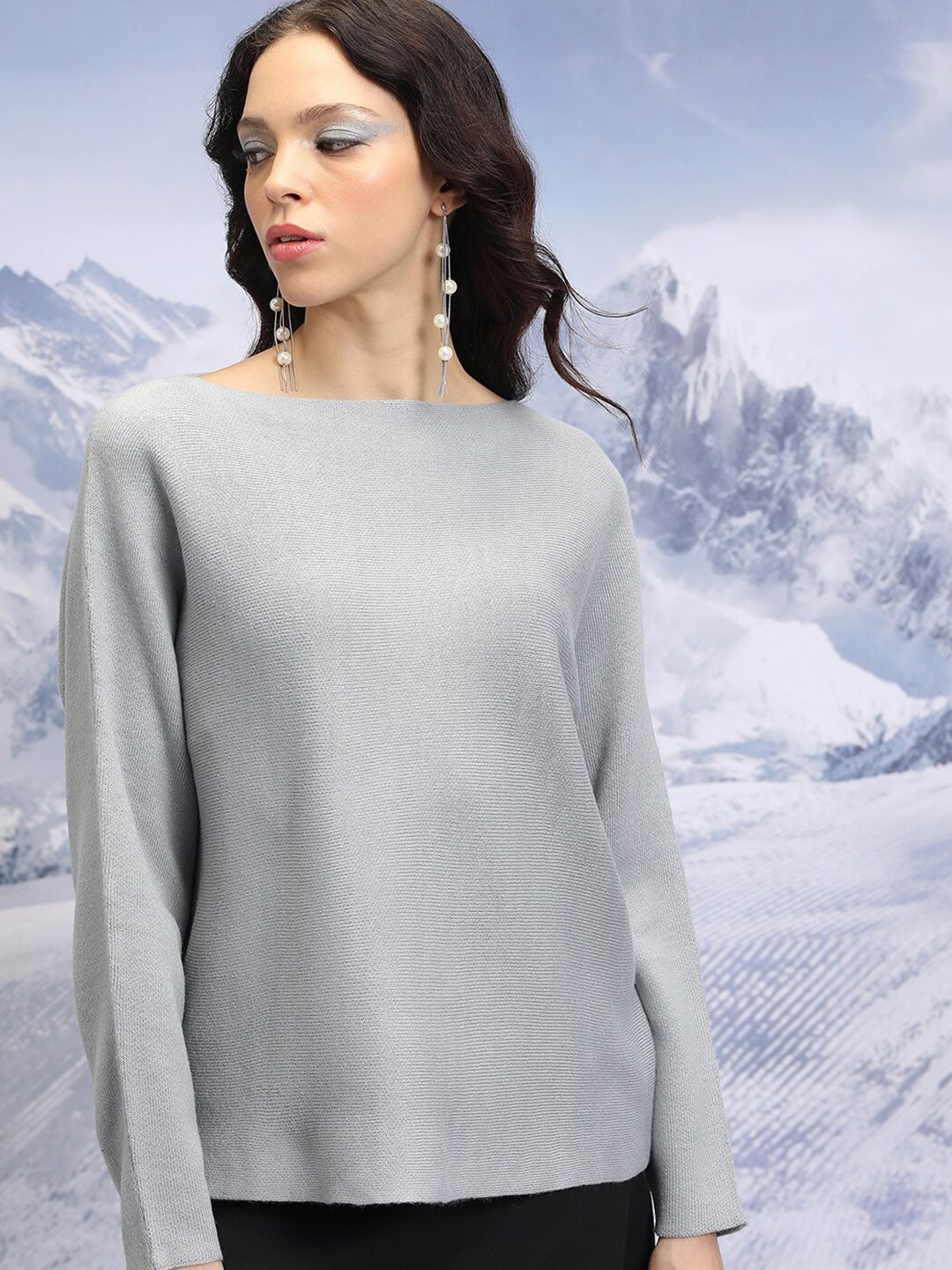 Tokyo Talkies Grey Boat Neck Acrylic Pullover