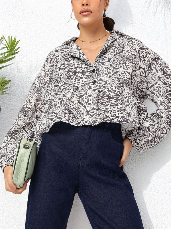 DressBerry Monochrome Mania Ethnic Printed Puff Sleeves Shirt-Style Top