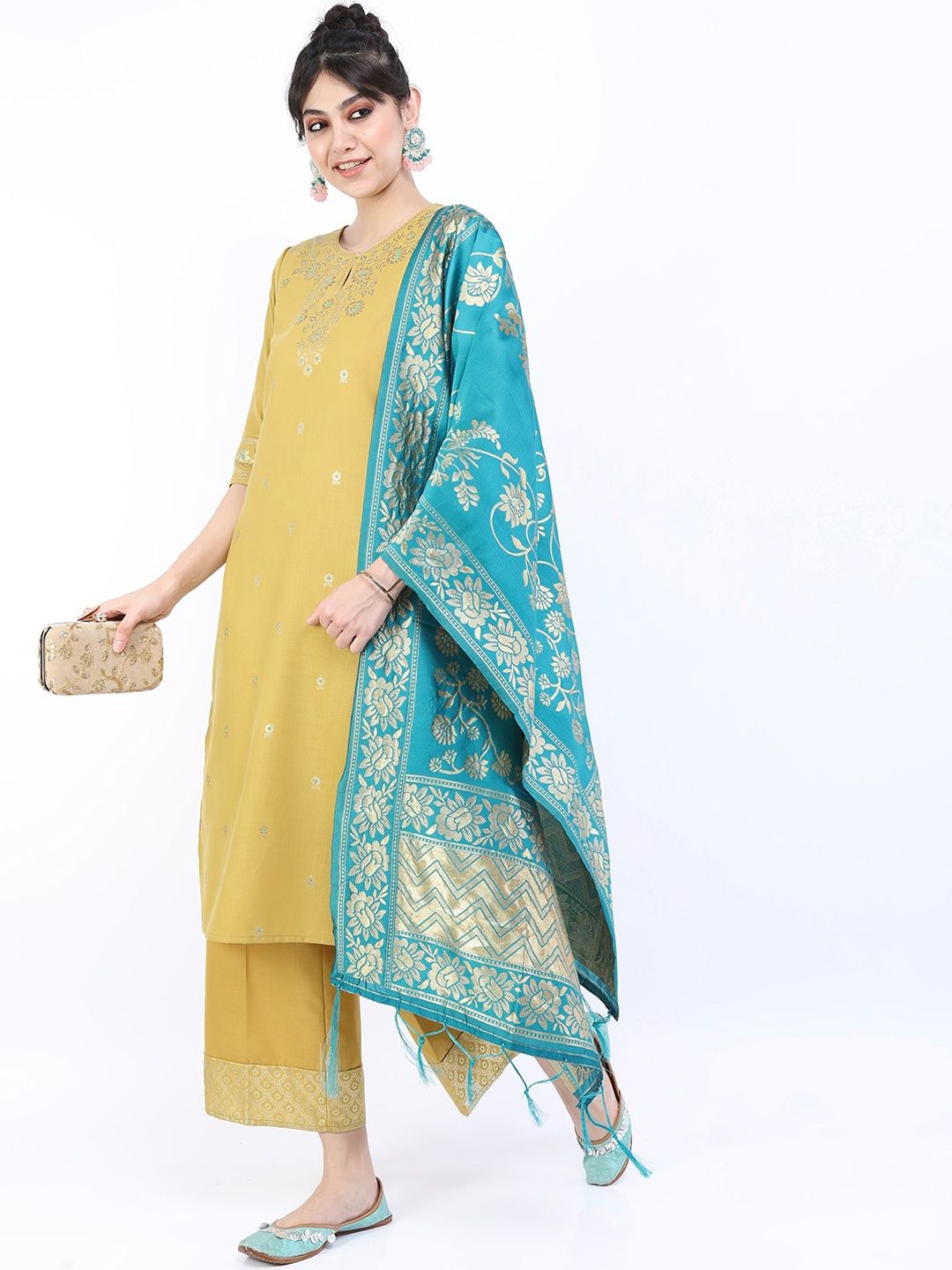 Vishudh Women Yellow Ethnic Motifs Embroidered Kurta with Palazzos & With Dupatta