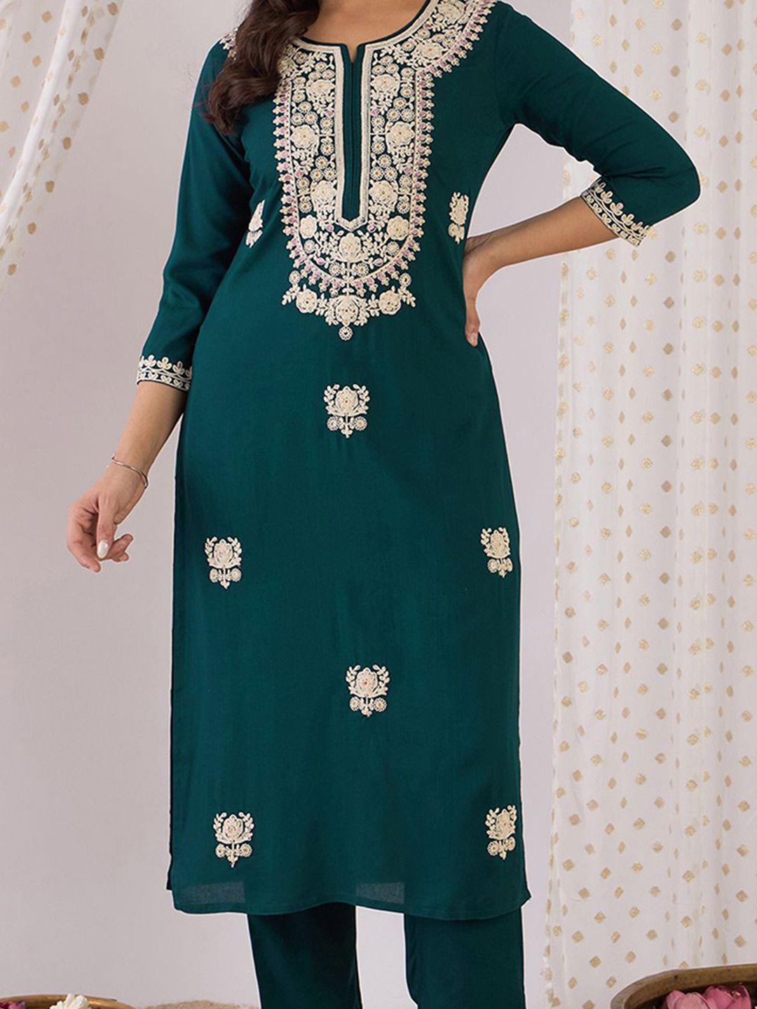 Indo Era Embroidered Round Neck Tunic With Trouser