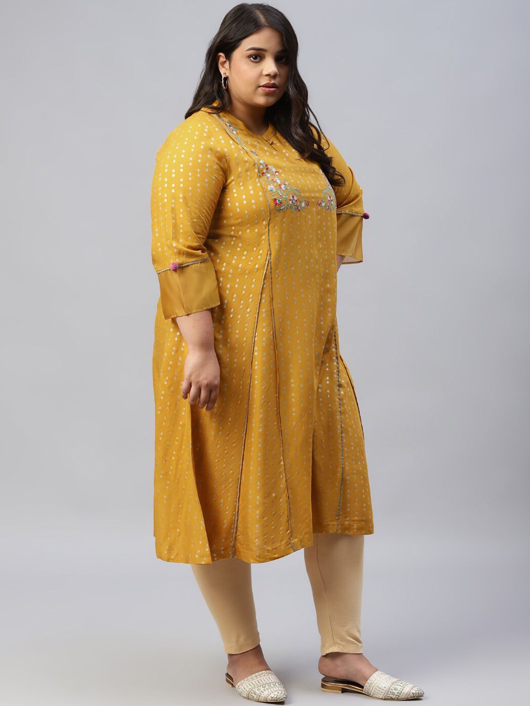 W Women Yellow Printed Flared Sleeves Thread Work Kurta