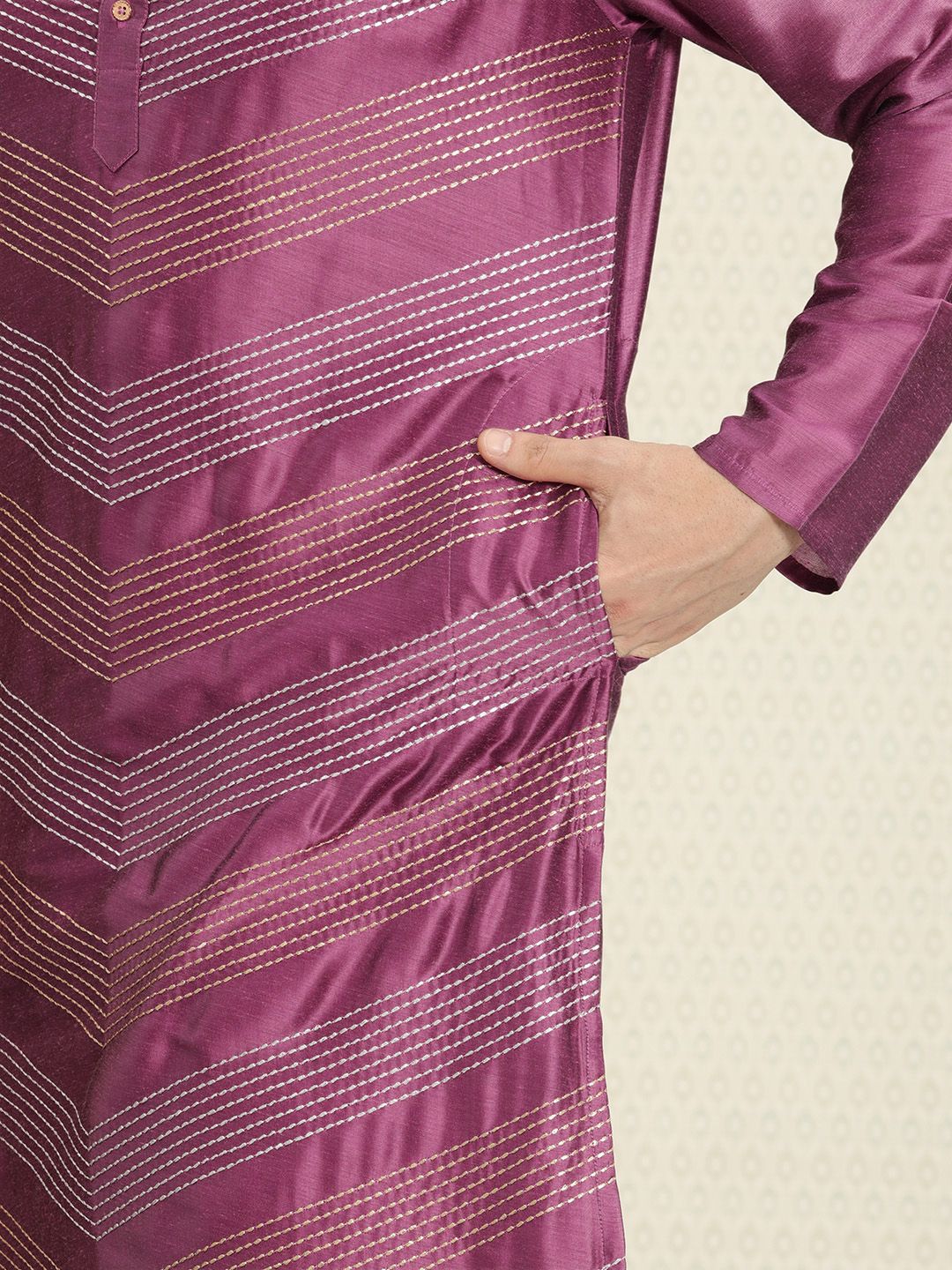 House of Pataudi Men Striped Band Collar Straight Rozana Kurta