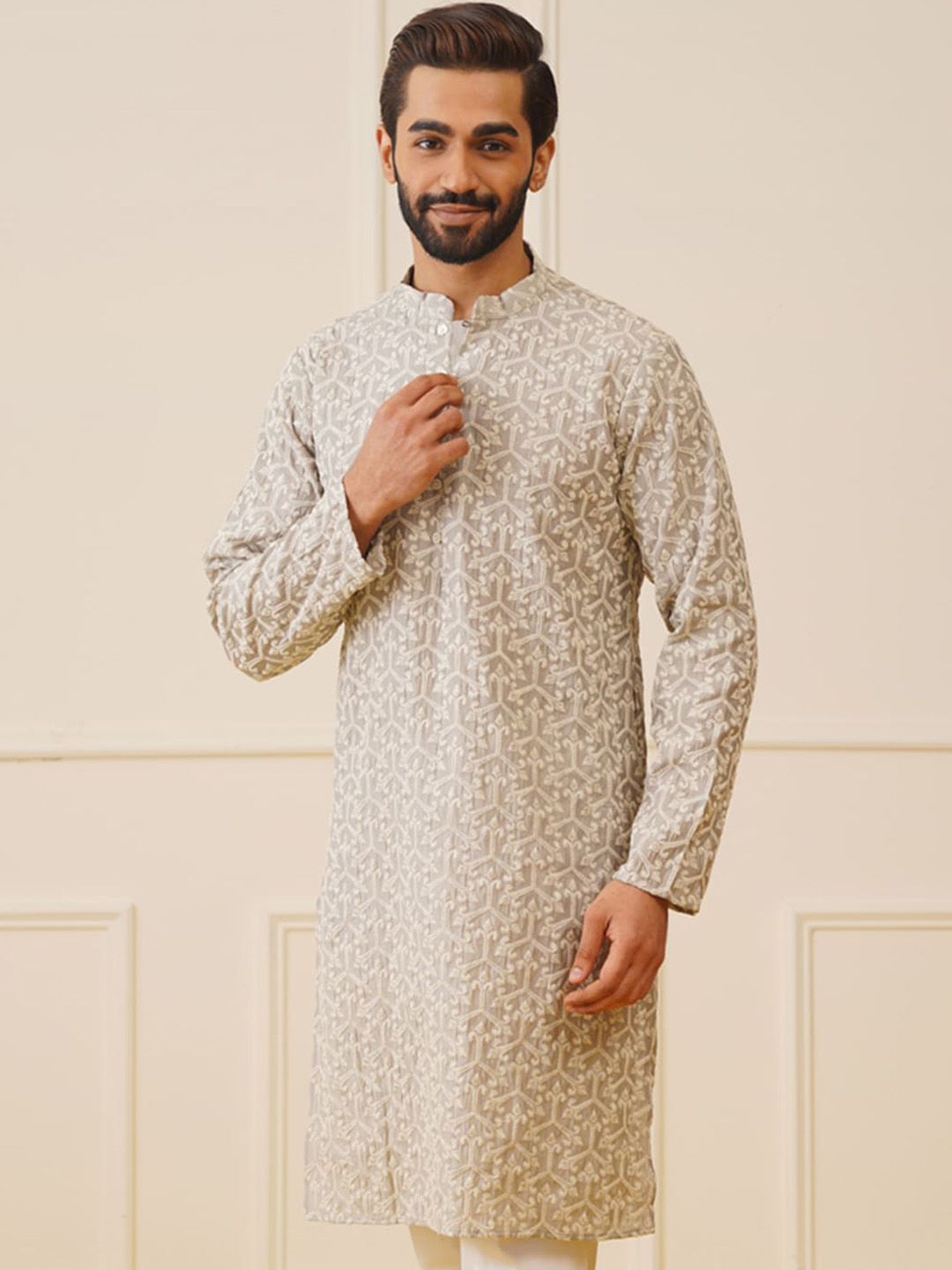 Jompers Ethnic Motifs Embroidered Chikankari Cotton & Silk Straight Kurta