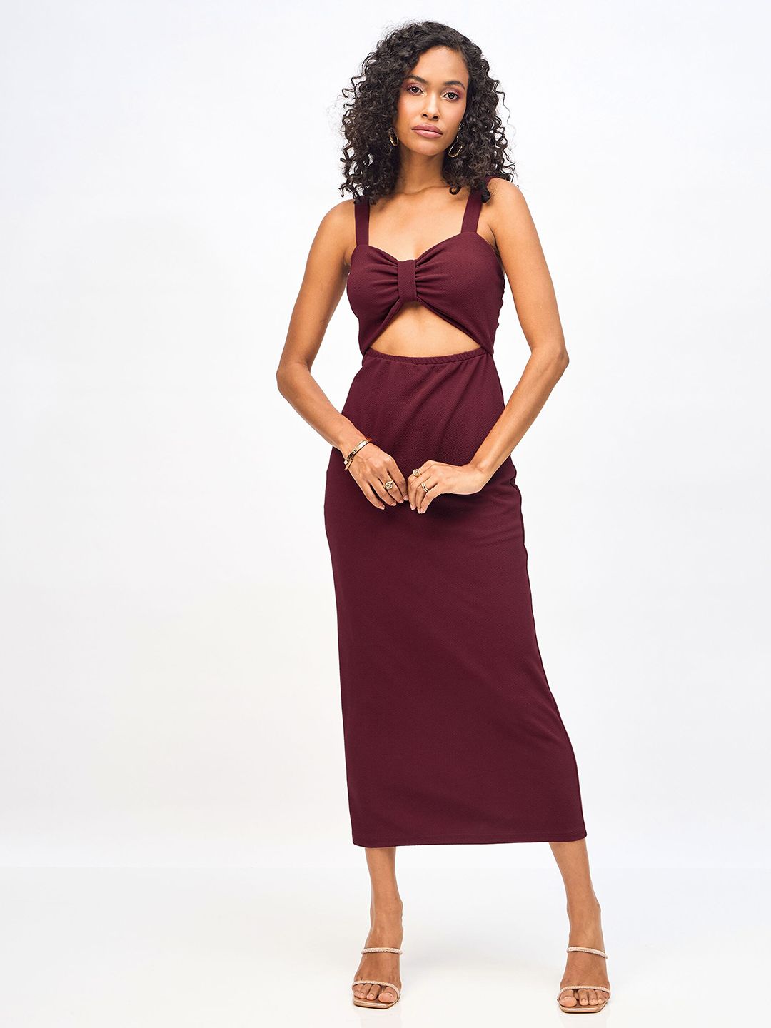 SASSAFRAS Shoulder Strap Waist Cut Out Bodycon Midi Dress
