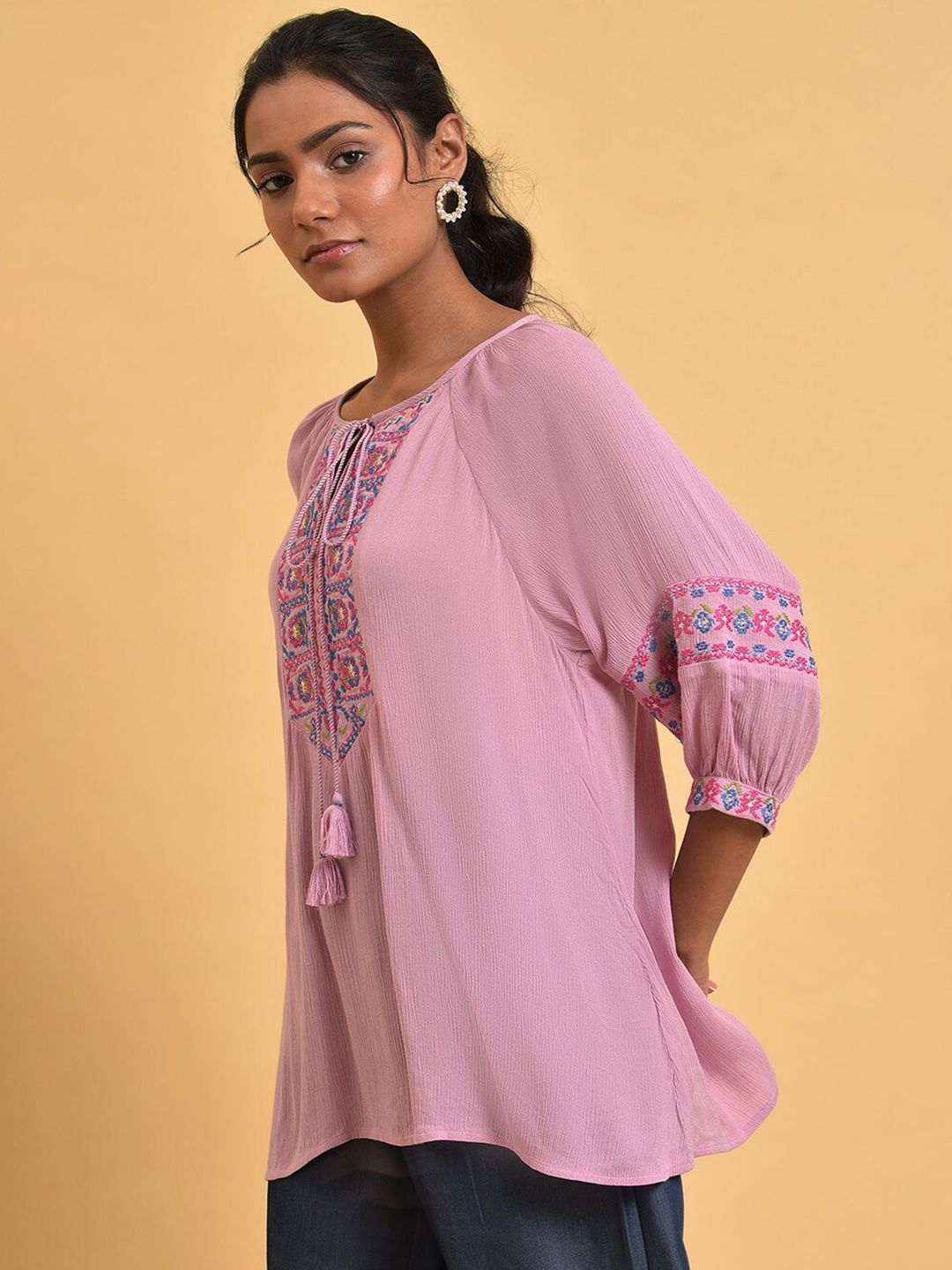 W Pure Cotton Print Tie-Up Neck Top