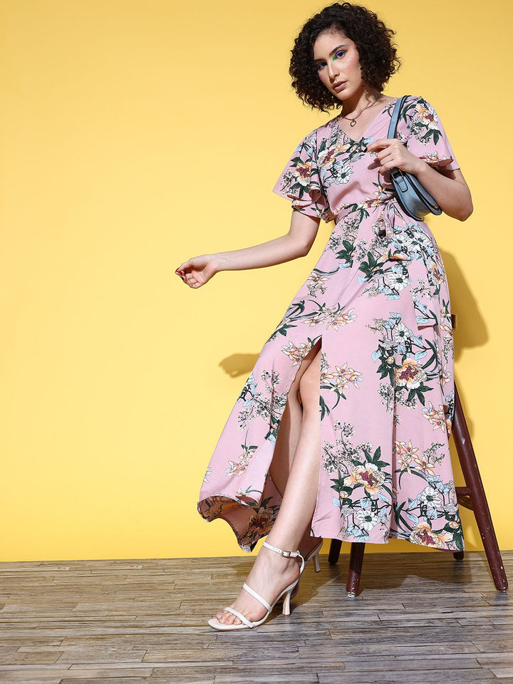 Berrylush Women Pretty Pink Floral Twist & Knot Dress