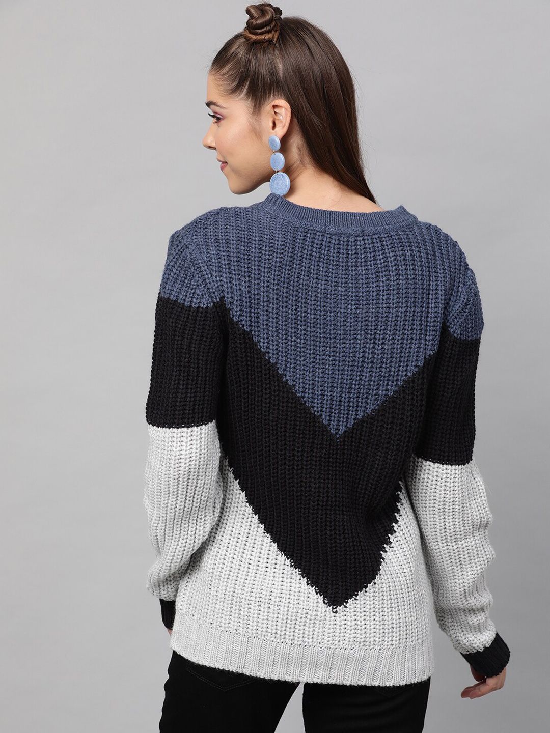 STREET 9 Women Blue & Black Colourblocked Pullover Sweater