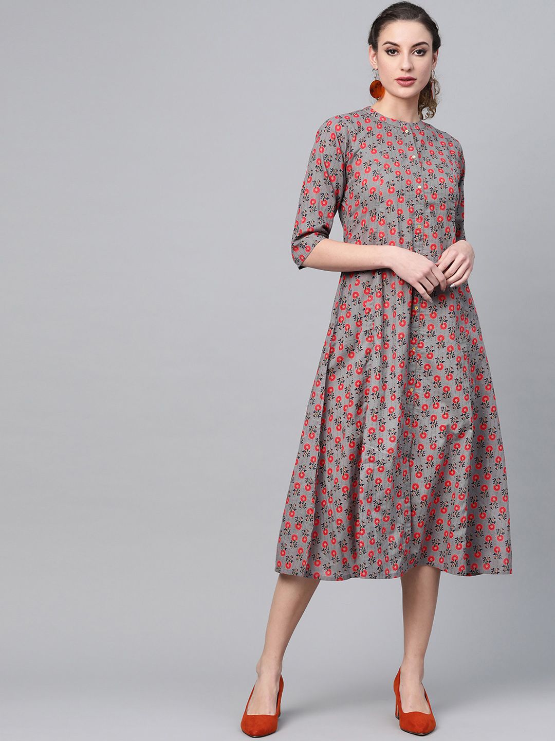 Gerua By Libas Women Charcoal Grey  Red Printed A-Line Dress