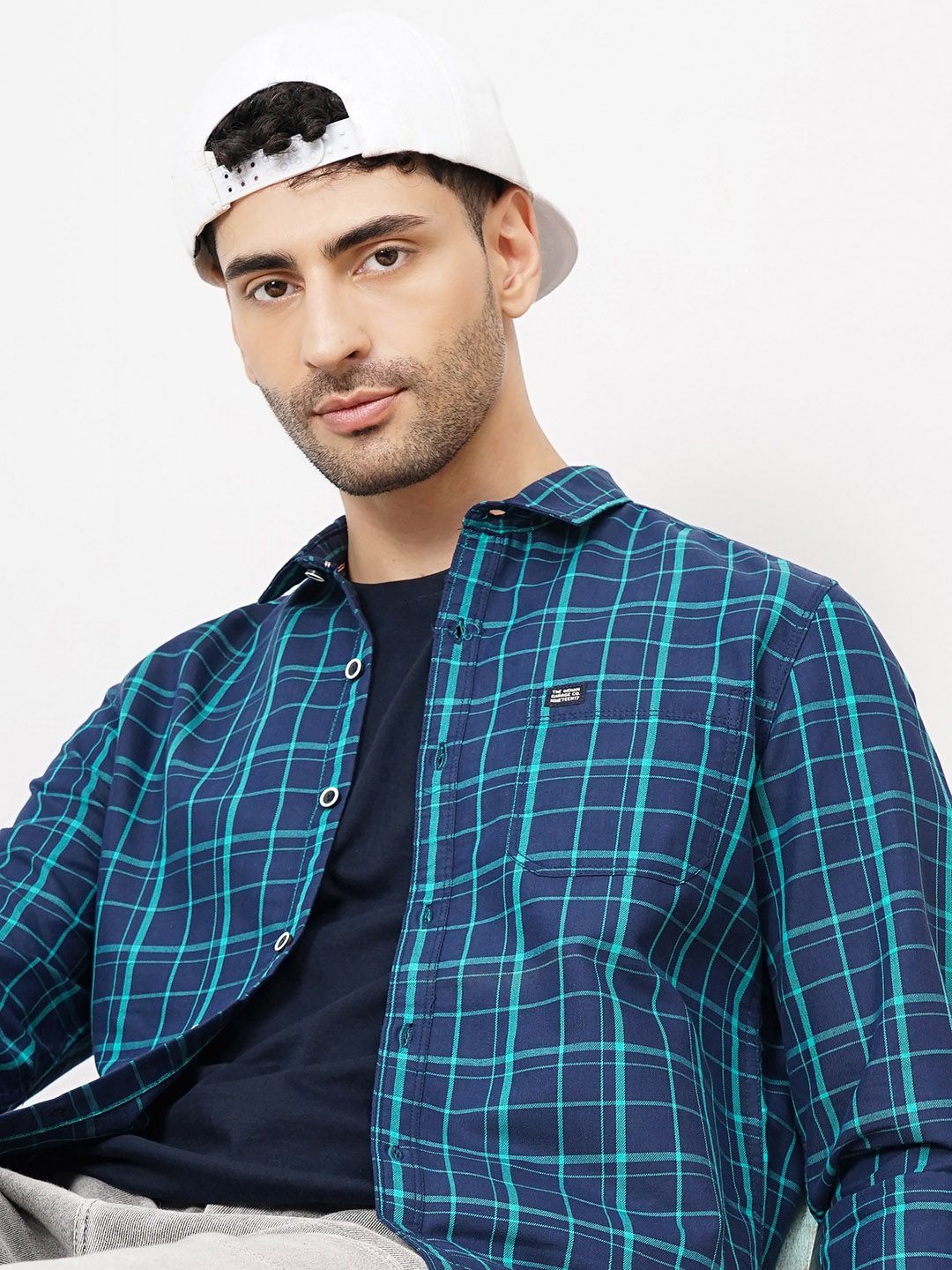 The Indian Garage Co Men Navy Blue & Green Slim Fit Checked Casual Shirt