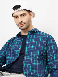 The Indian Garage Co Men Navy Blue & Green Slim Fit Checked Casual Shirt
