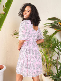 SASSAFRAS Floral Print Flared Sleeve Cut Out Georgette Fit & Flare Dress