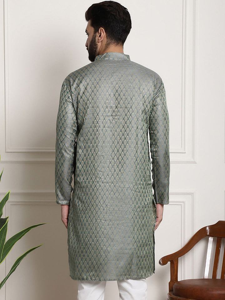 SOJANYA Men Teal Green & Beige Ethnic Motifs Jacquard Silk Kurta