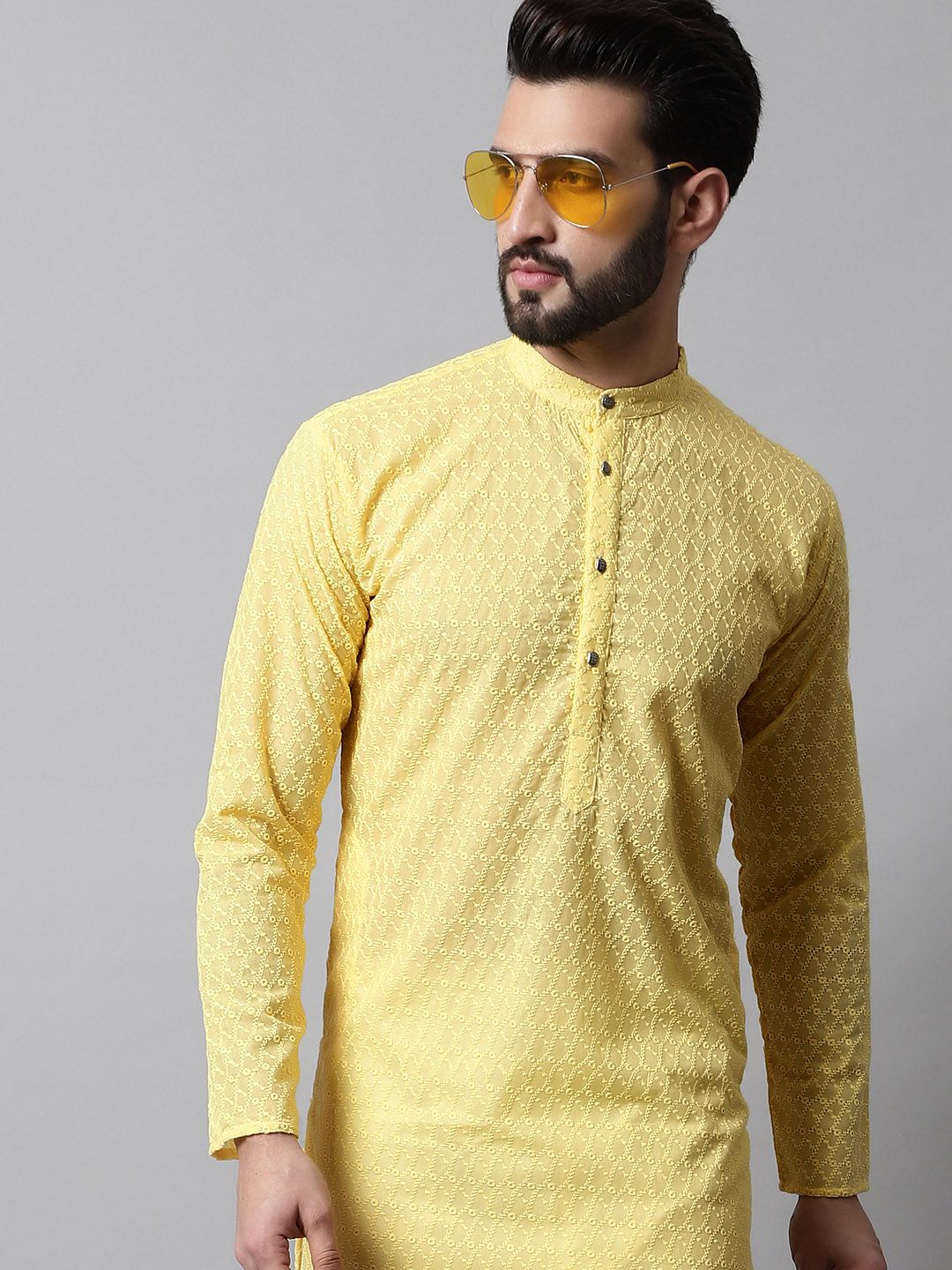Jompers Men Yellow Geometric Embroidered Kurta