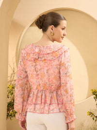 Antheaa Floral Printed Ruffles Detail Chiffon Peplum Top