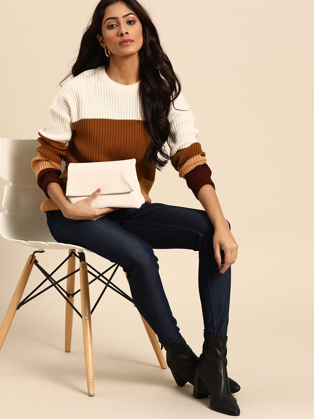 all about you Women Brown & Beige Colourblocked Pullover Sweater