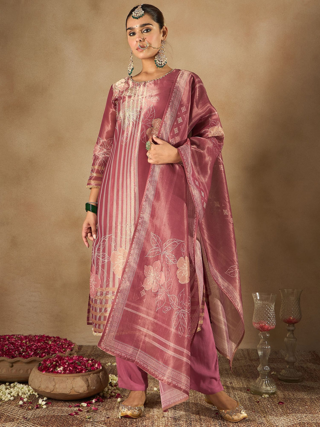 Indo Era Floral Printed Sequinned Straight Kurta With Trousers And Dupatta