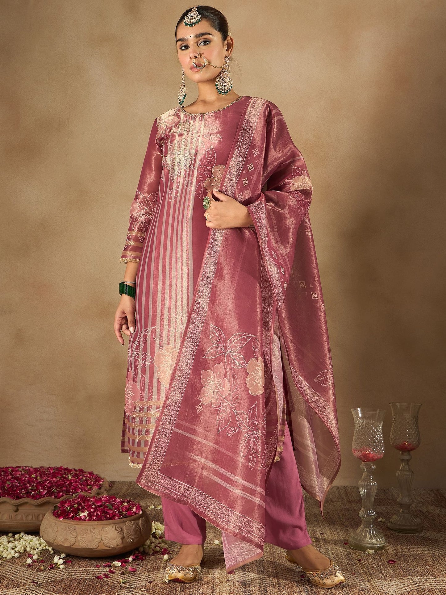 Indo Era Floral Printed Sequinned Straight Kurta With Trousers And Dupatta