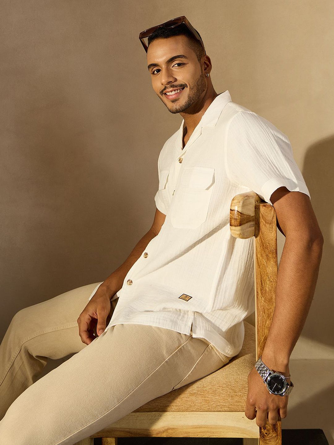 DENNISON Men Self Design Cuban Collar Smart Casual Shirt