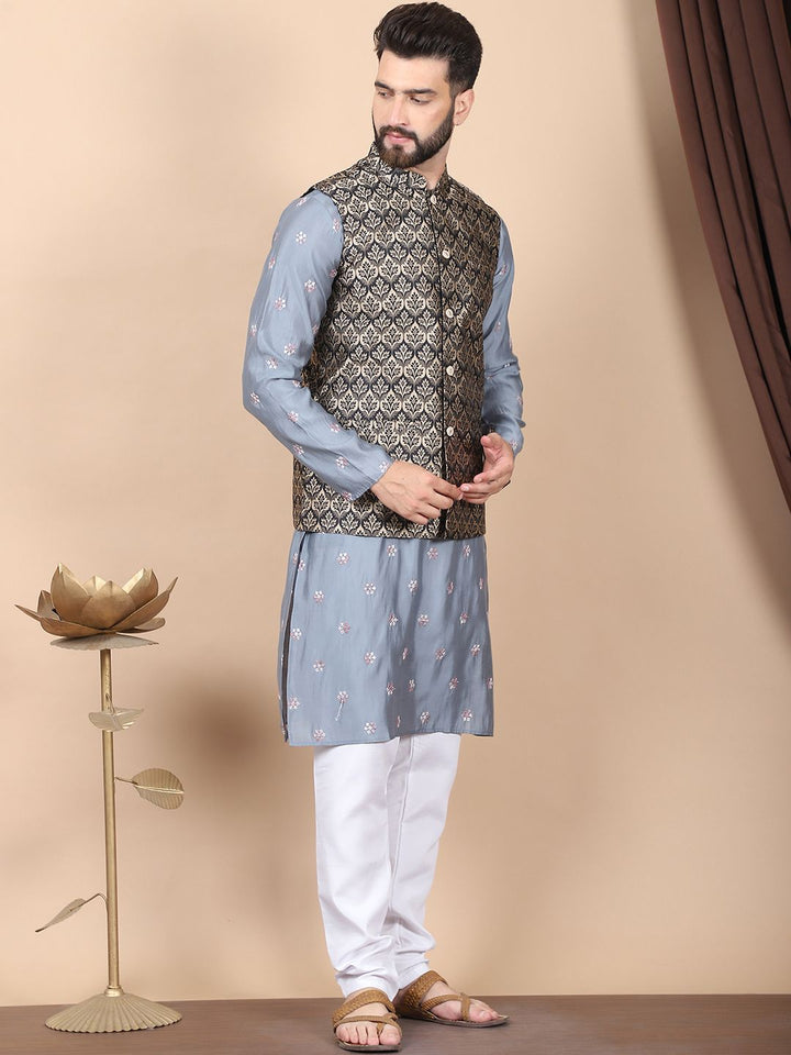 Anouk Grey Floral Embroidered Sequinned Cotton Silk Kurta with Churidar & Nehru Jacket
