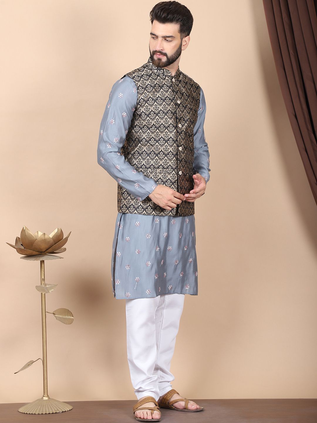 Anouk Grey Floral Embroidered Sequinned Cotton Silk Kurta with Churidar & Nehru Jacket