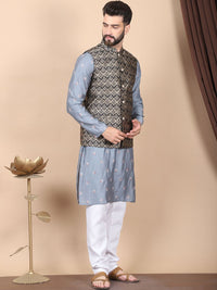 Anouk Grey Floral Embroidered Sequinned Cotton Silk Kurta with Churidar & Nehru Jacket