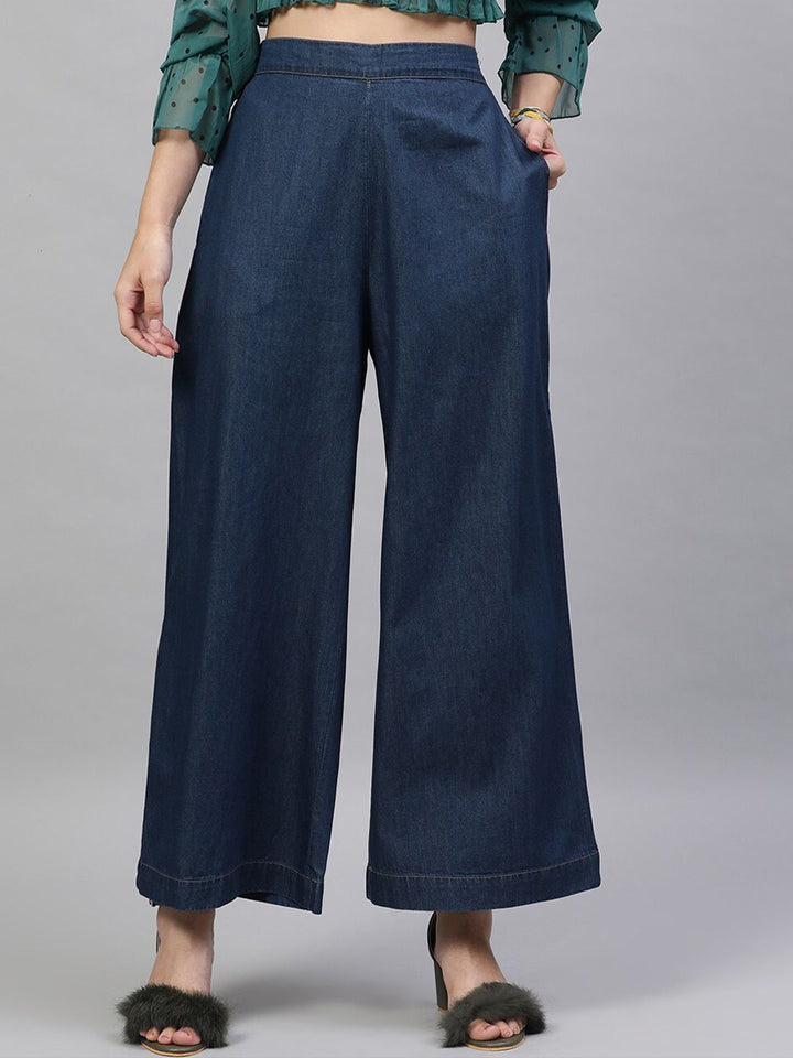 STREET 9 Women Blue Loose Fit Solid Parallel Cotton Trousers