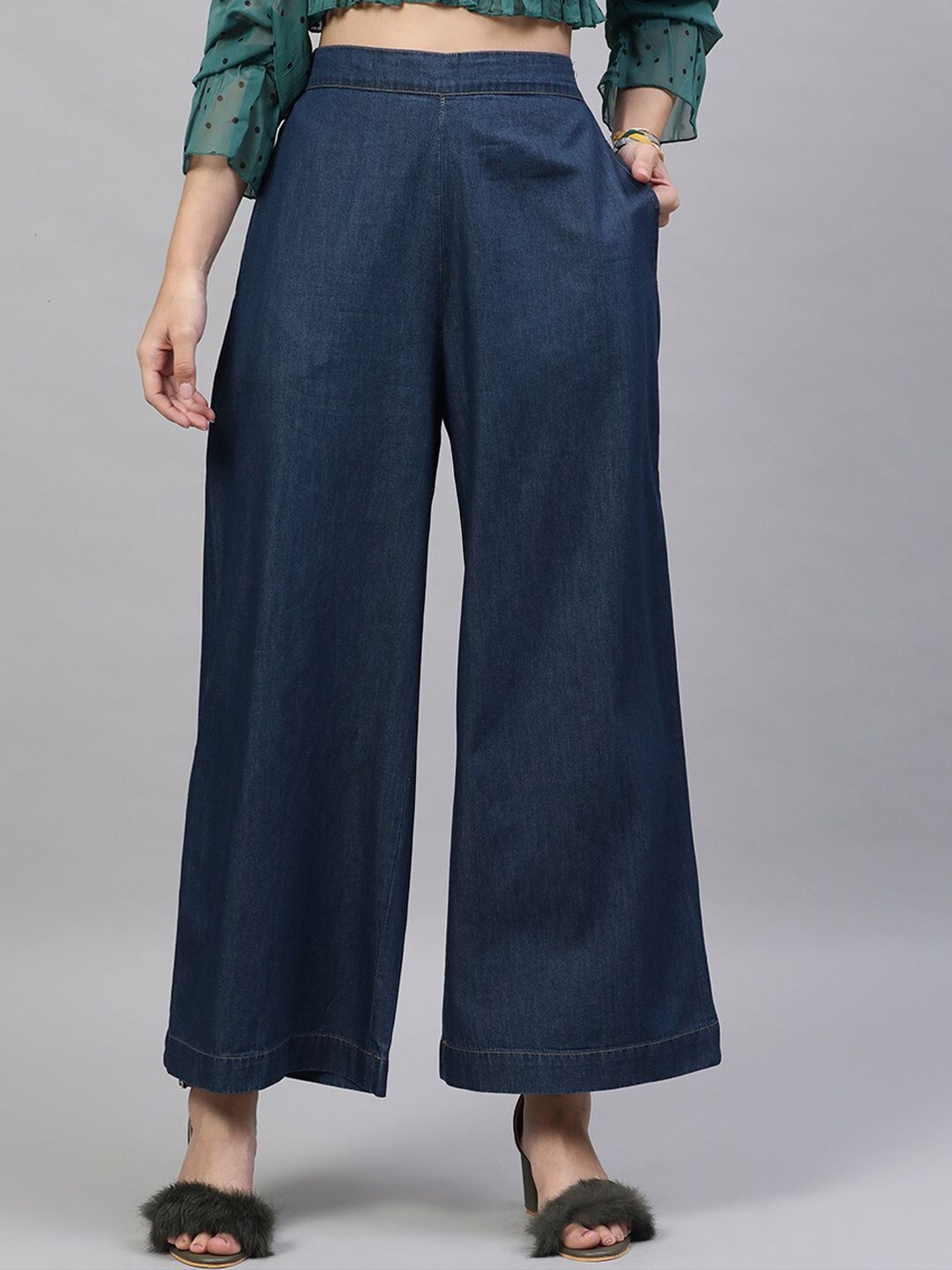 STREET 9 Women Blue Loose Fit Solid Parallel Cotton Trousers