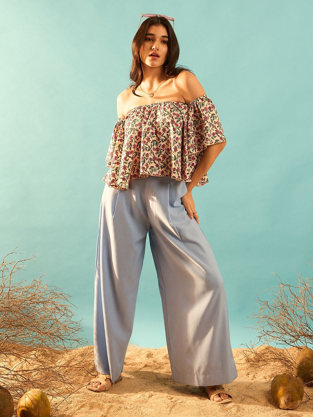 Berrylush Curve Pink Floral Printed Off  Shoulder Flared Sleeve Bardot Top