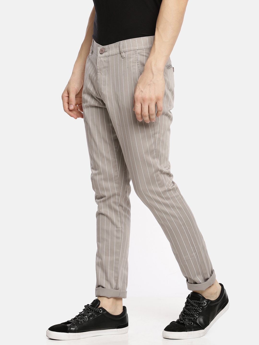 The Indian Garage Co Men Taupe Slim Fit Striped Regular Trousers