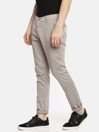 The Indian Garage Co Men Taupe Slim Fit Striped Regular Trousers