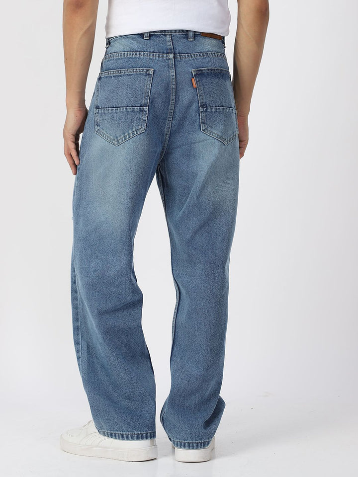 Urbano Fashion Men Pure Cotton Loose Relaxed Fit Slash Knee Heavy Fade Jeans